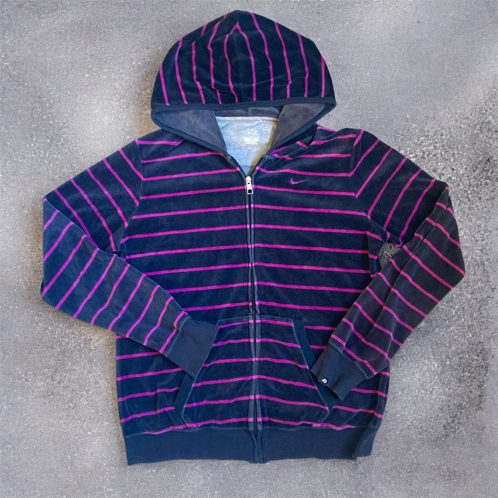 Nike Vintage Velour Striped Zip Up Hoodie Purple and Black